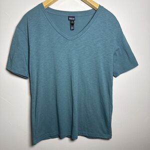 Patagonia Teal Blue Vneck Short Sleeve Shirt Women's Size XS